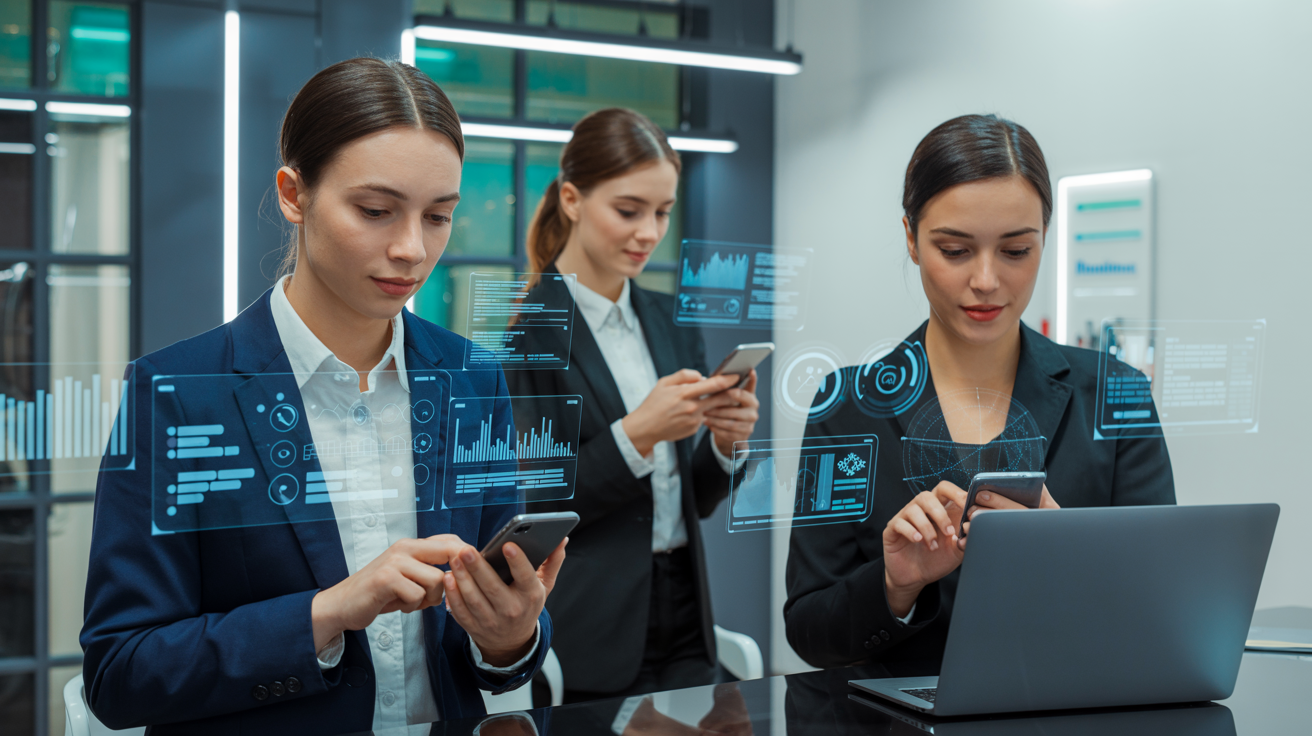 Modern professionals using AI technology with data analytics and mobile devices